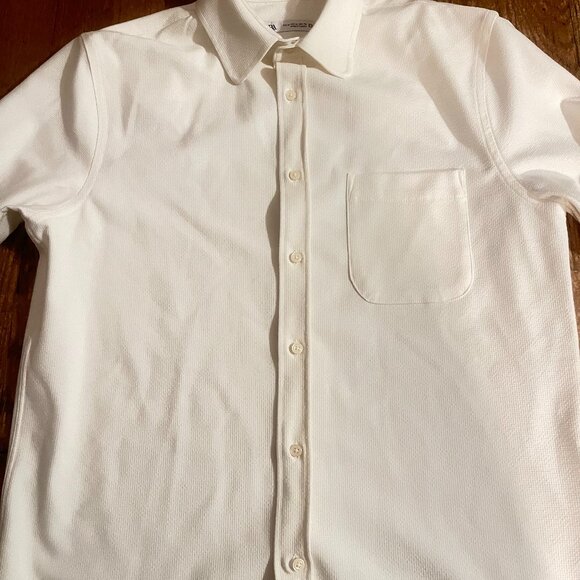 NEW ZARA MENS LONG SLEEVE TEXTURED SHIRT TOP M ECRU WITH FRONT POCKET - Picture 3 of 7